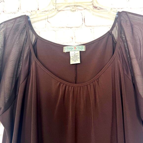 Vintage Suzie Wms L Brown Jersey Knit Tunic Top Sheer Flared Sleeves - Picture 4 of 8